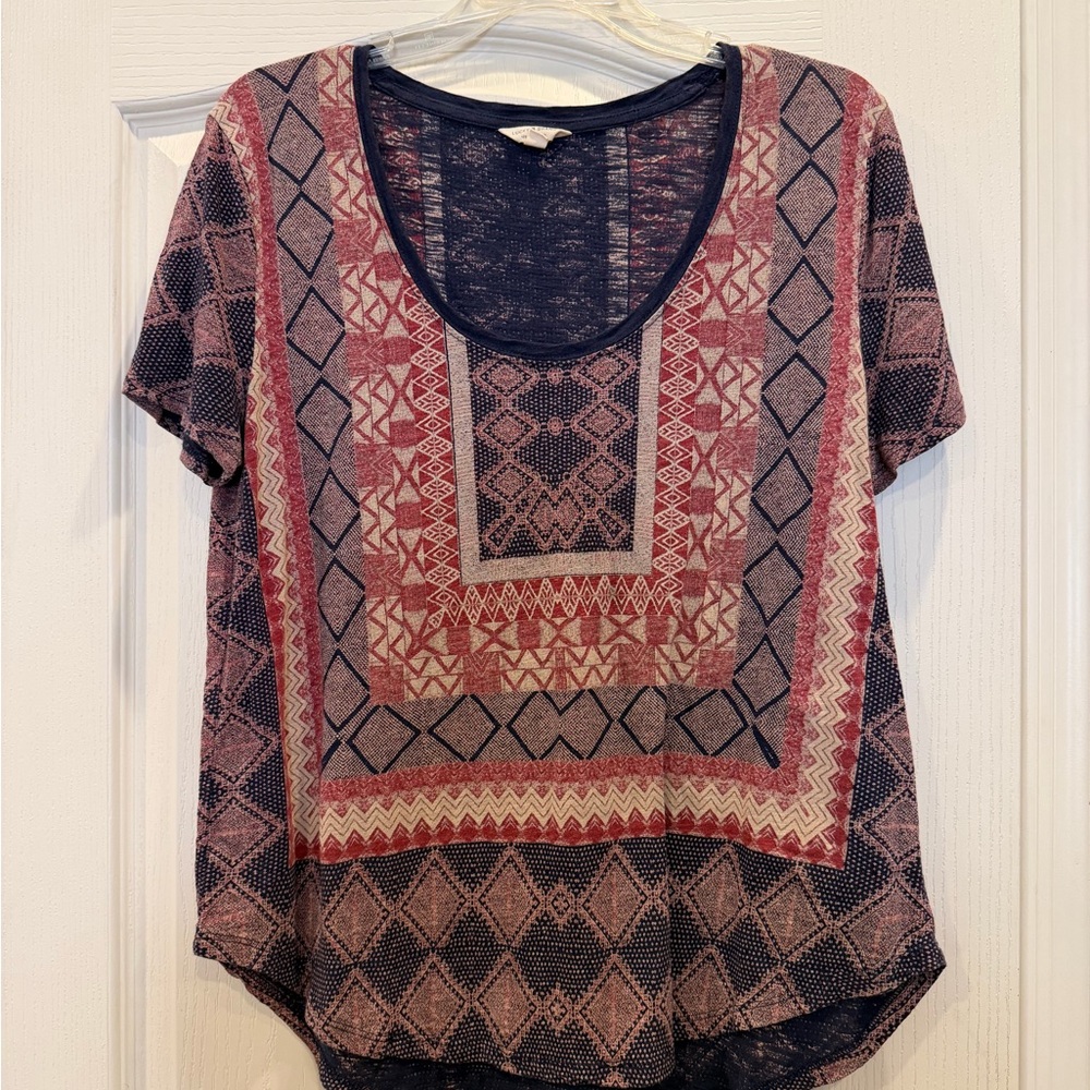 Lucky Brand Red and Blue Geometric Short Sleeve Top